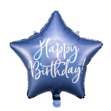 Folie Ballon Stjerne, Marineblå, "Happy Birthday"40 cm