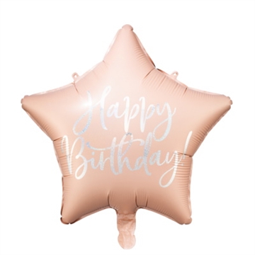 Folie Ballon Stjerne, Lys Powder Pink, "Happy Birthday"40 cm